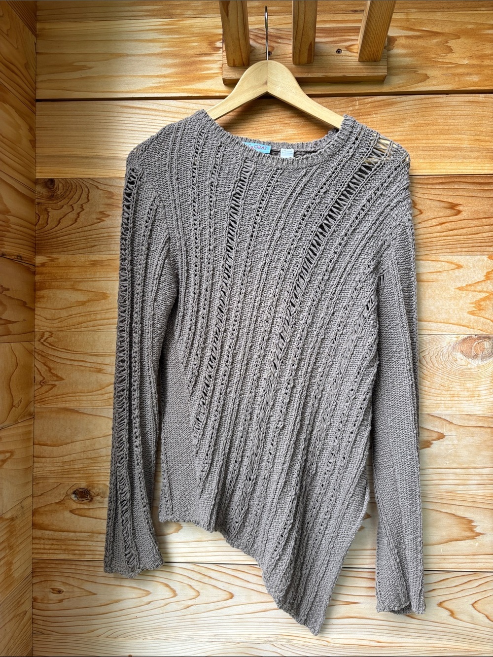 Acrobat 100% Cotton Asymmetrical Open Knit Sweater Large Fits Medium Taupe